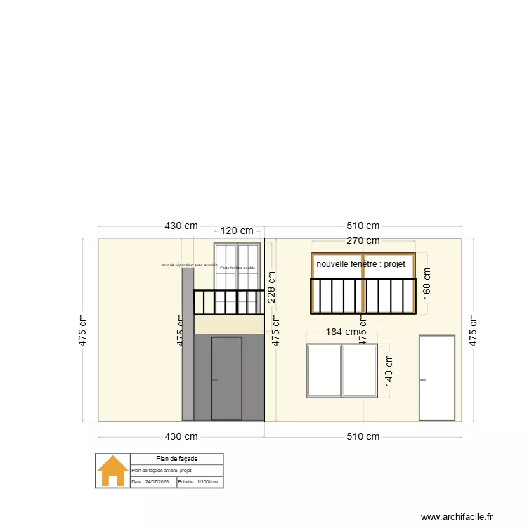 Plan de fa&ccedil;ade arri&egrave;re : projet avec dimension fen&ecirc;tre. Plan de 