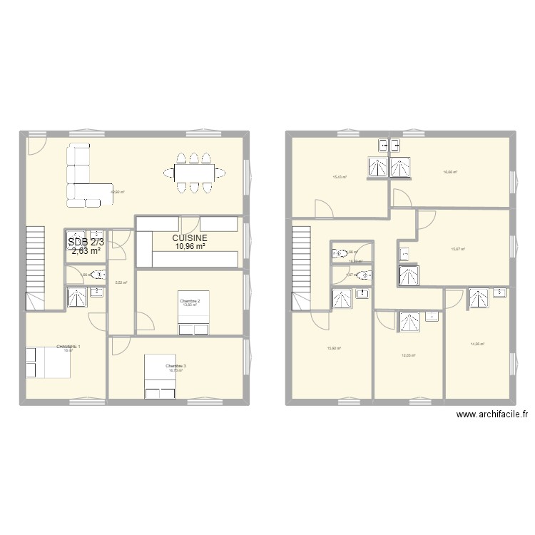 Couturier. Plan de 17 pièces et 220 m2