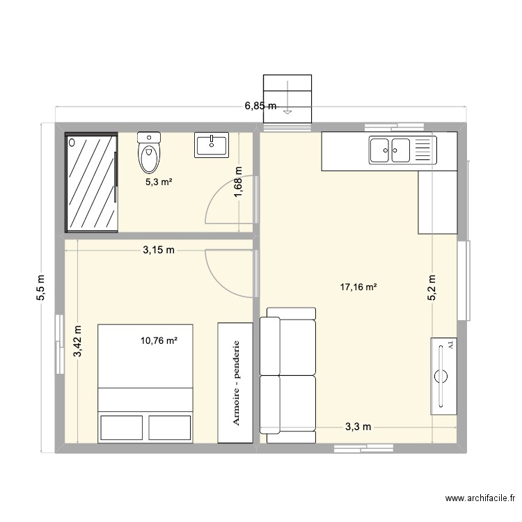 Plan Maison F2. Plan de 3 pièces et 33 m2