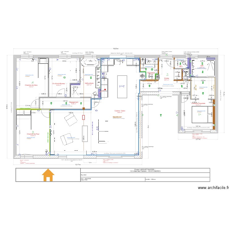 projet  LARQUET/WATIER : plan aménagement intérieur. Plan de 12 pièces et 137 m2