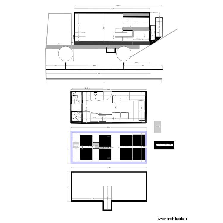 cellule lit relevable. Plan de 9 pièces et 46 m2