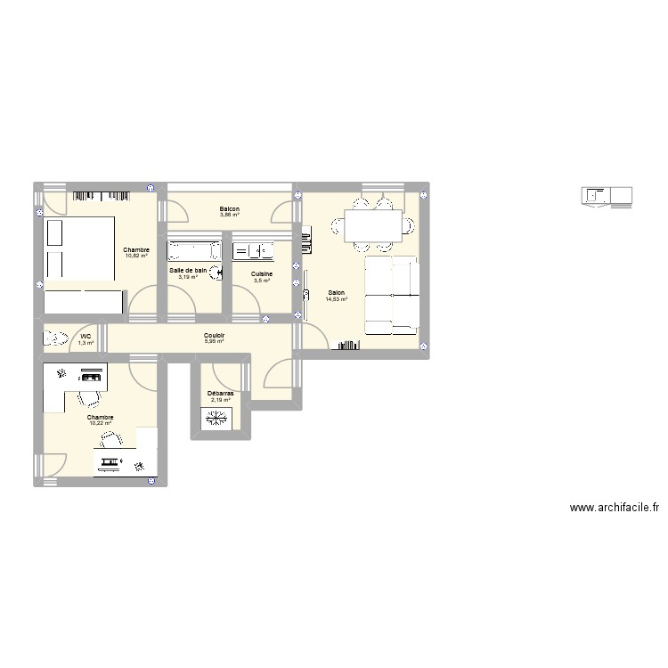 Joly House. Plan de 9 pièces et 56 m2