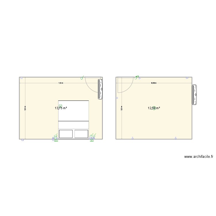 chambre. Plan de 2 pièces et 26 m2