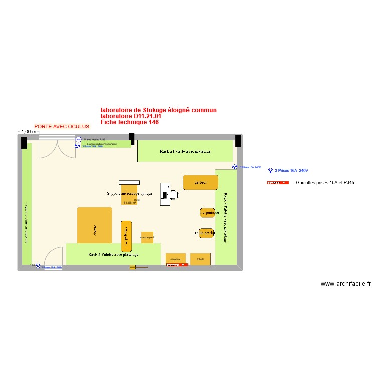 Fiche 146_laboratoire stockage éloigné v7avec matériel manutention 6 fevrier 2025. Plan de 1 pièce et 65 m2