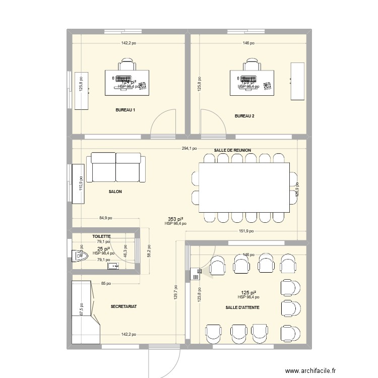 bureau. Plan de 5 pièces et 70 m2