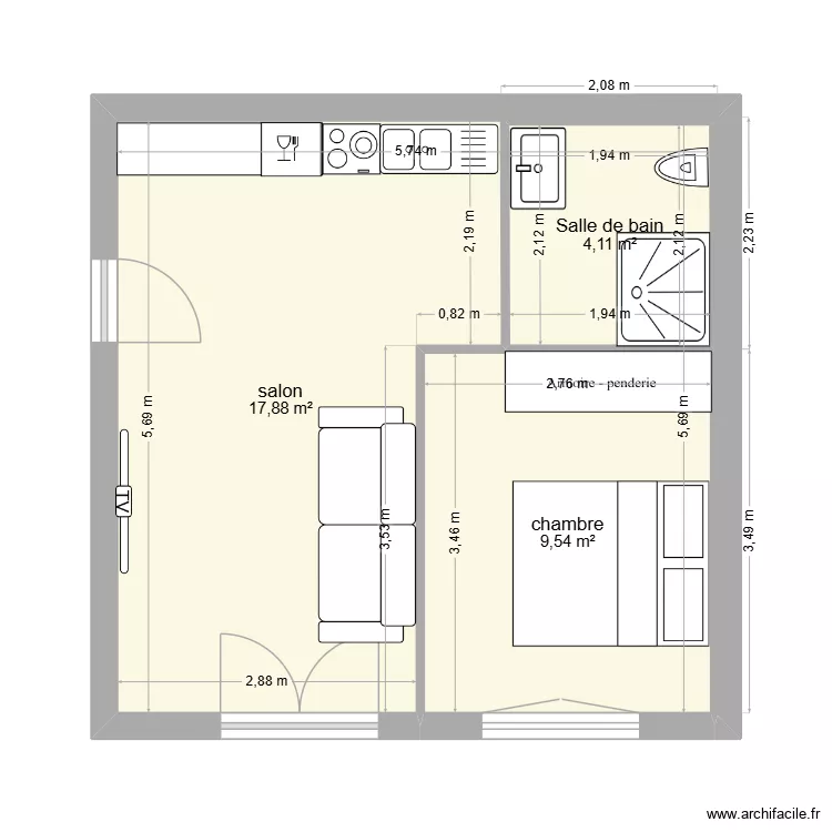 2 pi&egrave;ces. Plan de 3  et 32 m²
