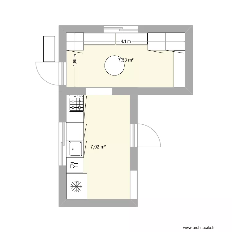 cuisine. Plan de 2  et 16 m²
