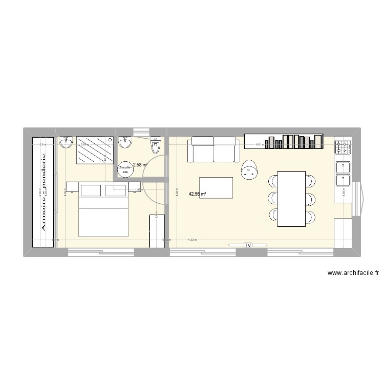 en bois. Plan de 2 pièces et 45 m2