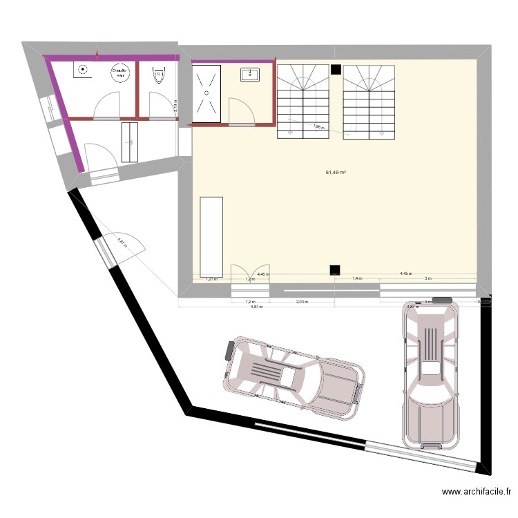 Plan RDC escalier double escalier. Plan de 1 pièce et 61 m2