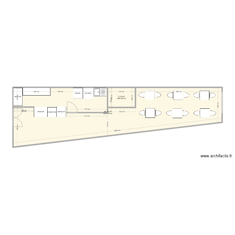 salon de thé - Clairvaux. Plan de 2 pièces et 57 m2