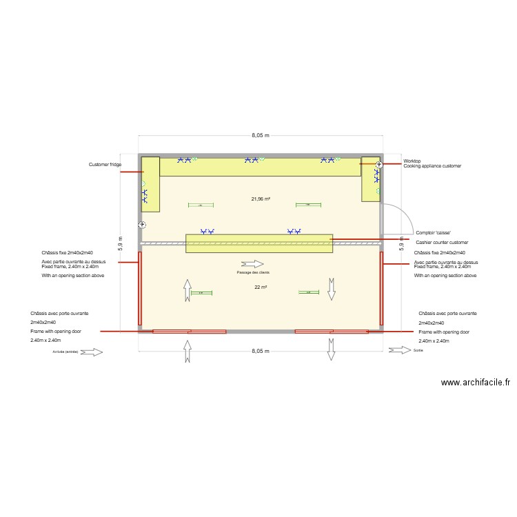 Projet fastfood luxembourg. Plan de 2 pièces et 44 m2