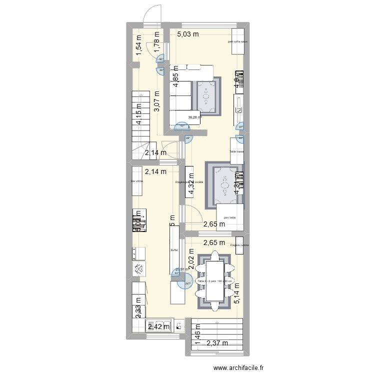RDC. Plan de 2 pièces et 66 m2
