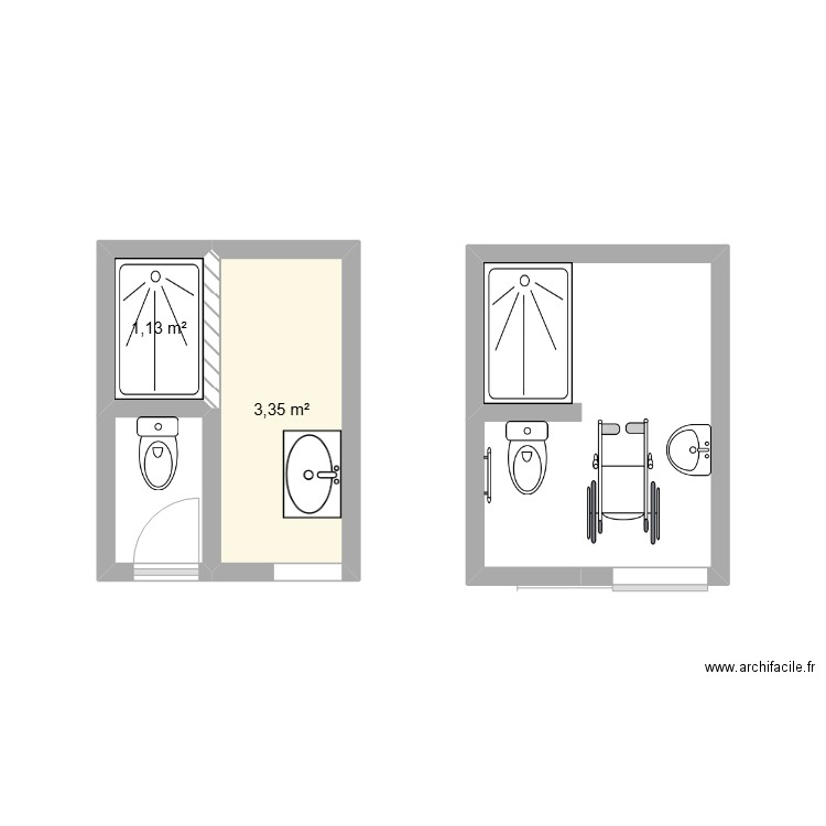 sdb BHO. Plan de 2 pièces et 4 m2