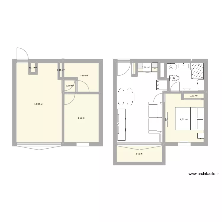 studio. Plan de 10  et 44 m²