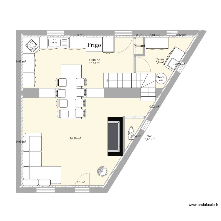 Rdc. Plan de 15 pièces et 50 m2