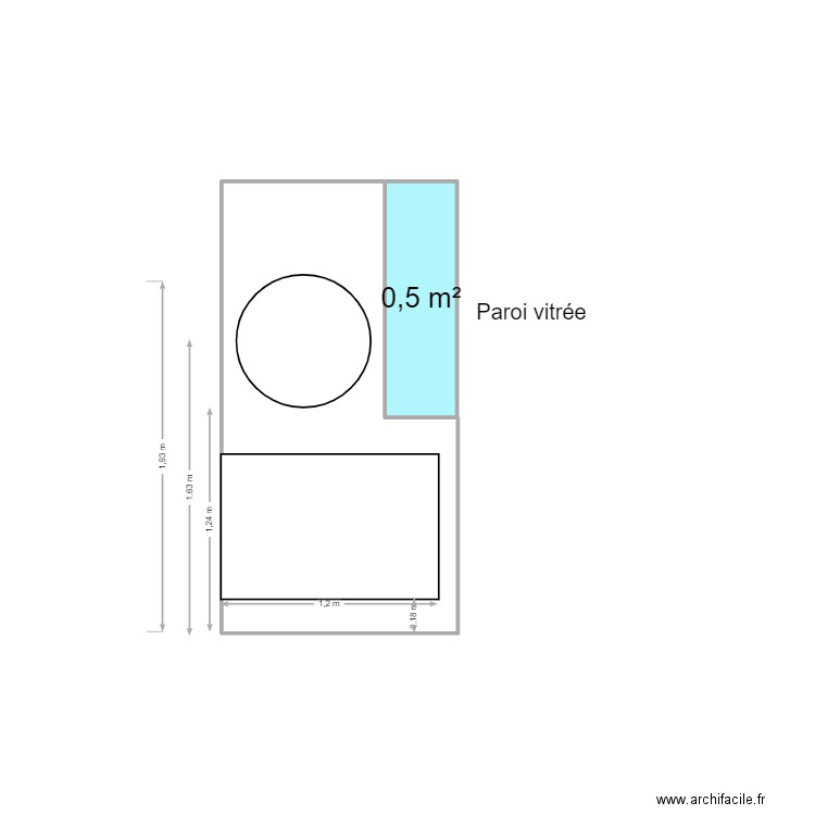 SDB Paroi douche et lavabo. Plan de 1 pièce et 1 m2