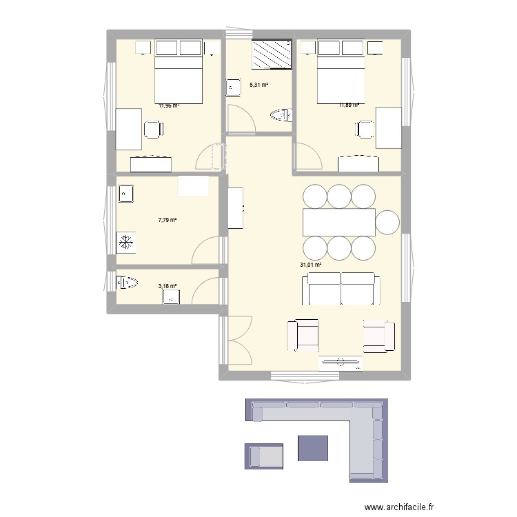 Maison de passage. Plan de 6 pièces et 71 m2