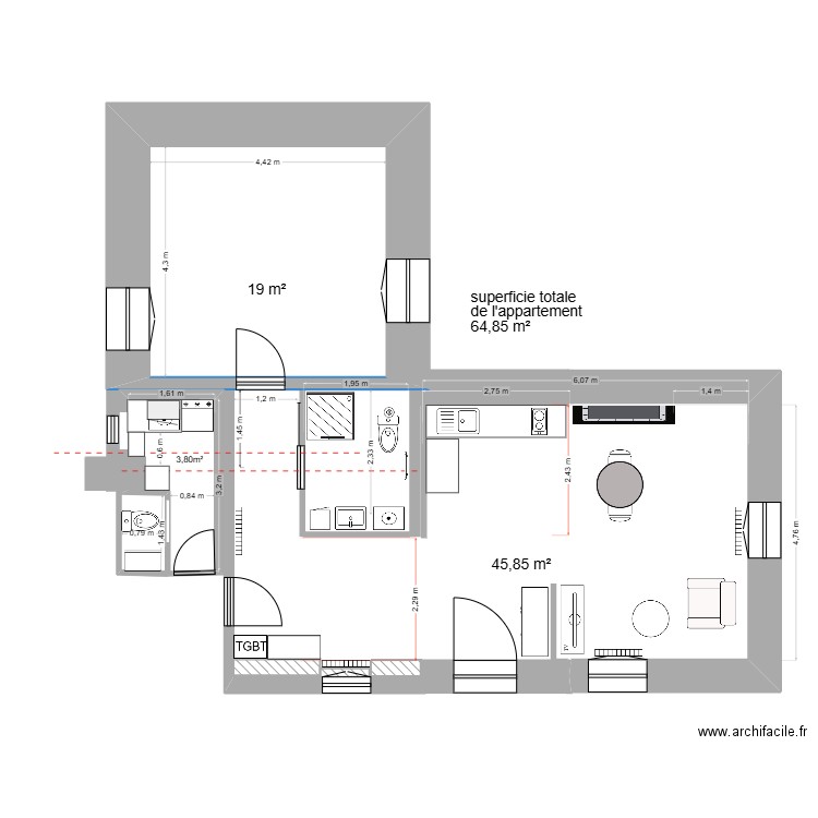 APS SDB & appartement. Plan de 1 pièce et 19 m2