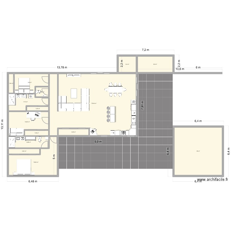 PFS2. Plan de 15 pièces et 196 m2