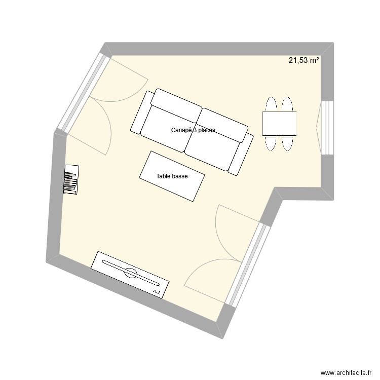 TV vers porte fenêtre+canapé 3 places. Plan de 1 pièce et 22 m2