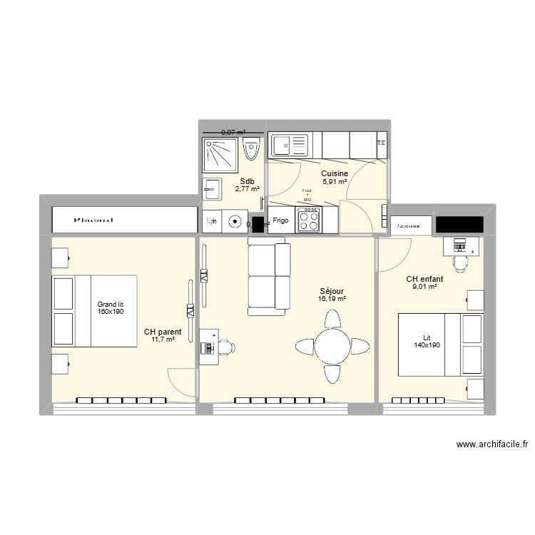 T&C - Version T3 cuisine séparée. Plan de 8 pièces et 46 m2