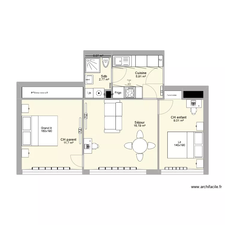T&C - Version T3 cuisine s&eacute;par&eacute;e. Plan de 