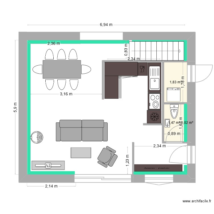 anais2. Plan de 3 pièces et 3 m2