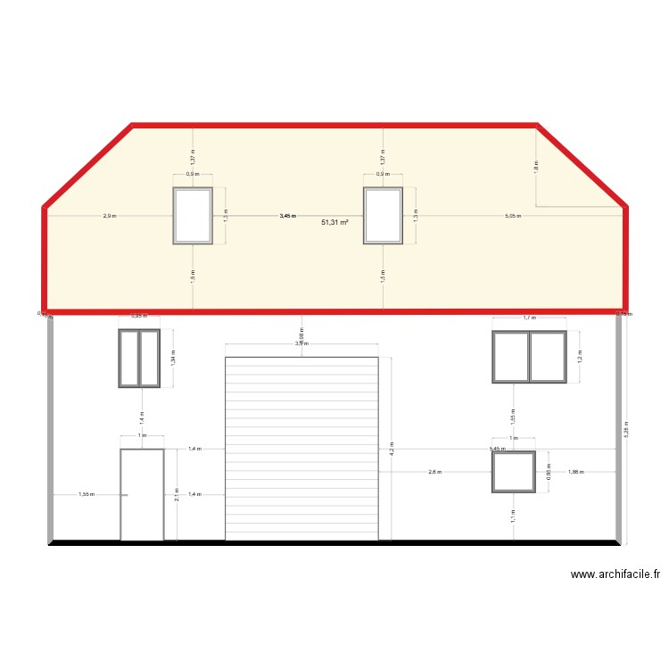 Façade SUD. Plan de 1 pièce et 51 m2