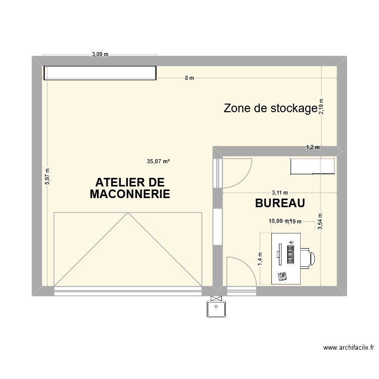 MACONNERIE. Plan de 2 pièces et 46 m2