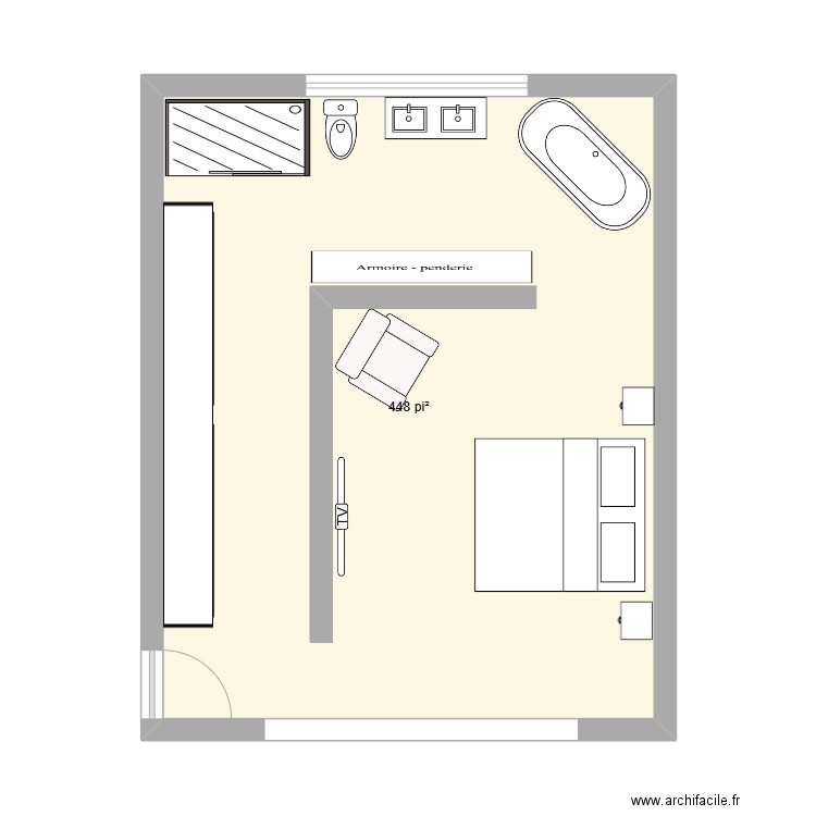 chambre. Plan de 1 pièce et 42 m2