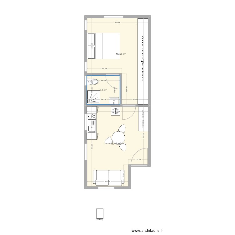 Studios Malika n0  3. Plan de 3 pièces et 36 m2