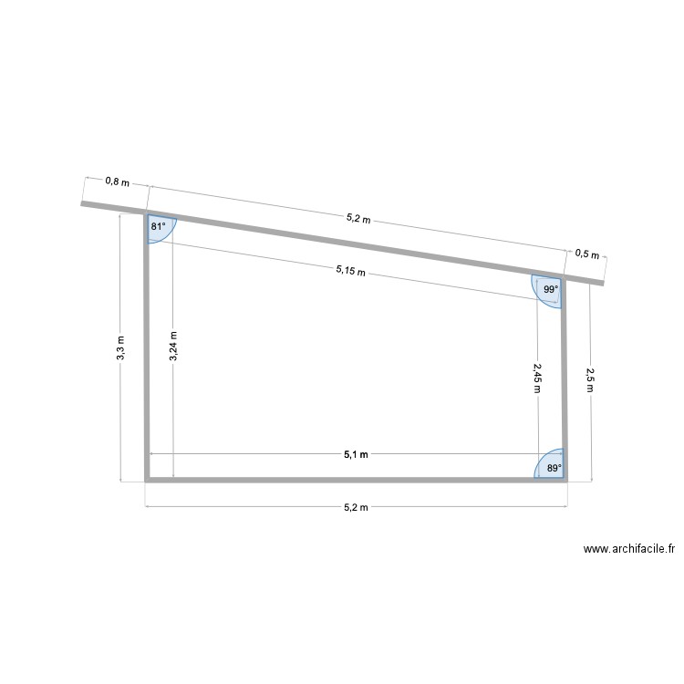 Cotation abri vue latéral. Plan de 1 pièce et 15 m2