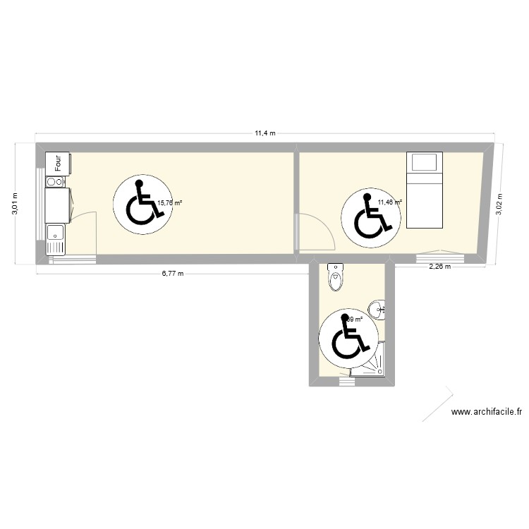 Modèle Jasmin. Plan de 3 pièces et 32 m2
