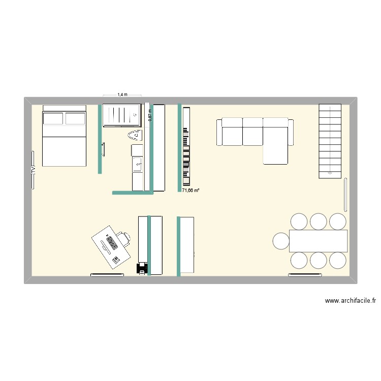 suite parentale sous combles. Plan de 1 pièce et 72 m2