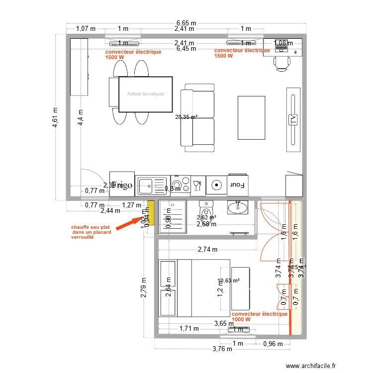 Thuillat T2 1er Projet Chauff V1. Plan de 4 pièces et 43 m2