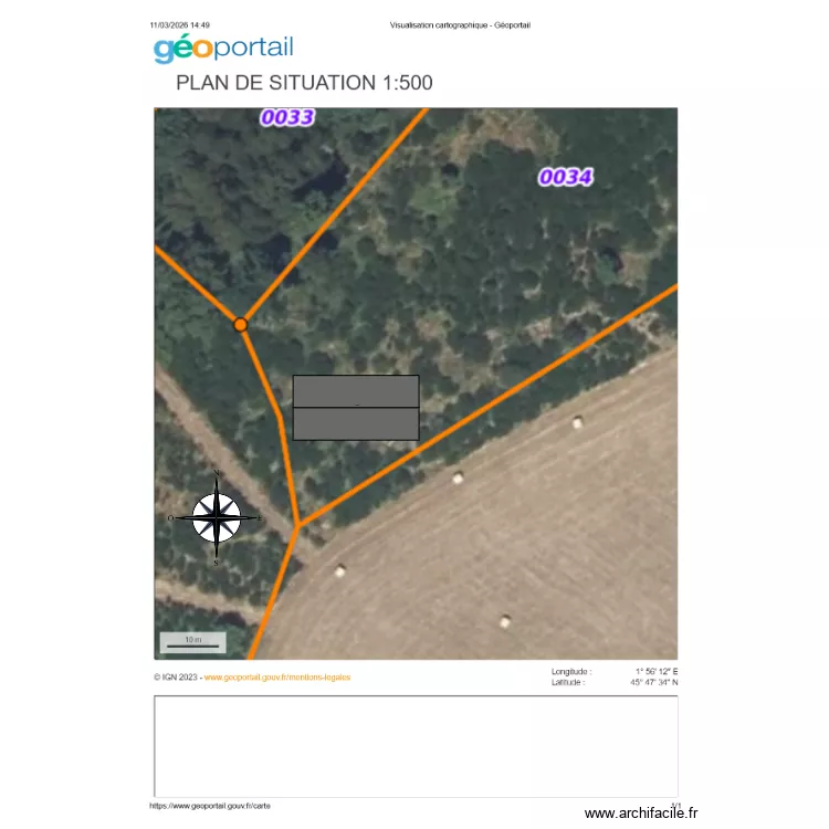 plan de situation ch&egrave;vrerie 1/500. Plan de 1  et 200 m²