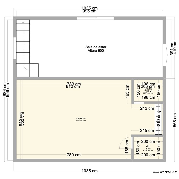 Sala de estar + quarto mezzanine. Plan de 3 pièces et 53 m2