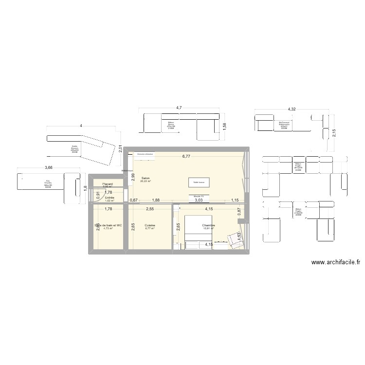 Appart. Plan de 6 pièces et 45 m2