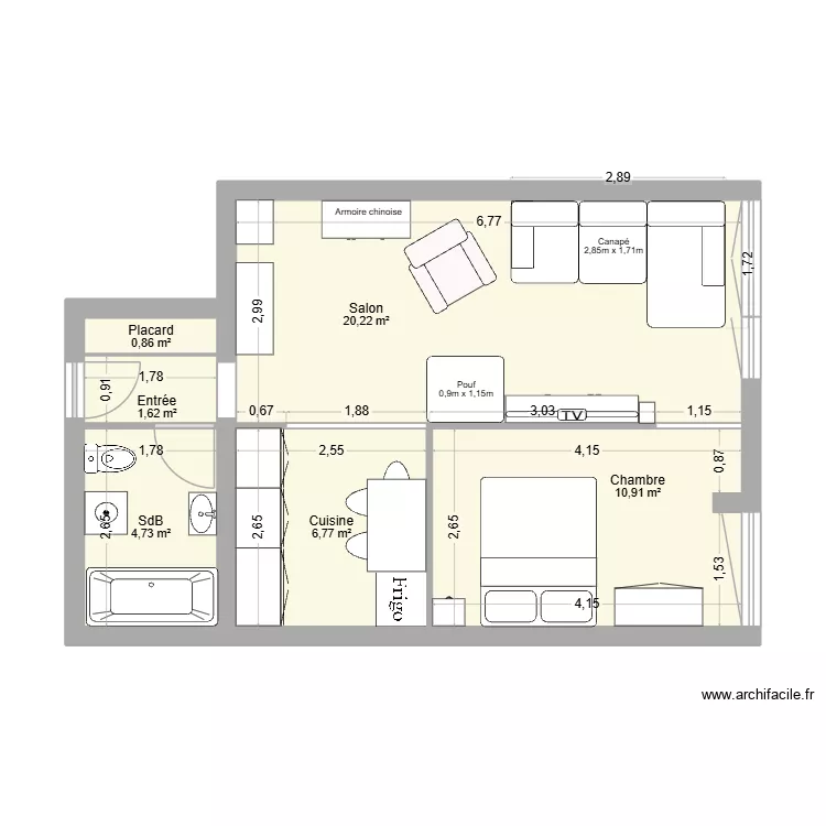 Appart. Plan de 6 Pièces et 45 m²