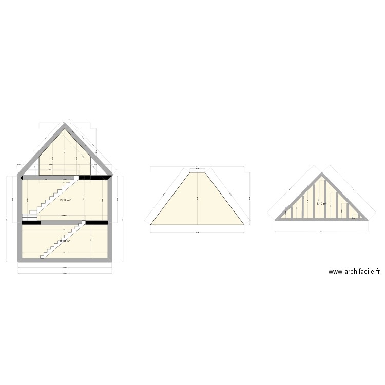 Coupe pignon. Plan de 3 pièces et 24 m2