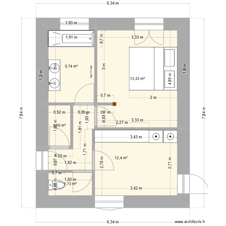 pièce reflechir. Plan de 5 pièces et 35 m2