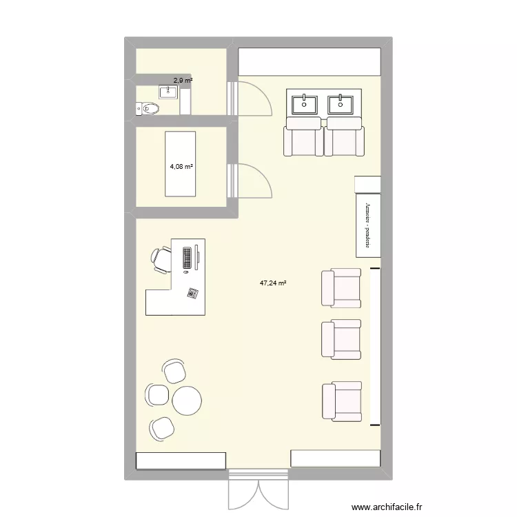 coiffeur. Plan de 3 pièces et 54 m²