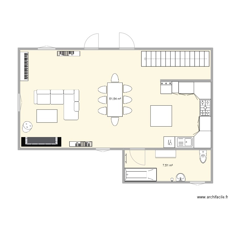 Pièce à vivre et SDB meublés 2. Plan de 0 pièce et 0 m2