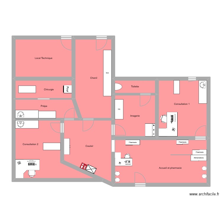 Clinique. Plan de 10 pièces et 116 m2
