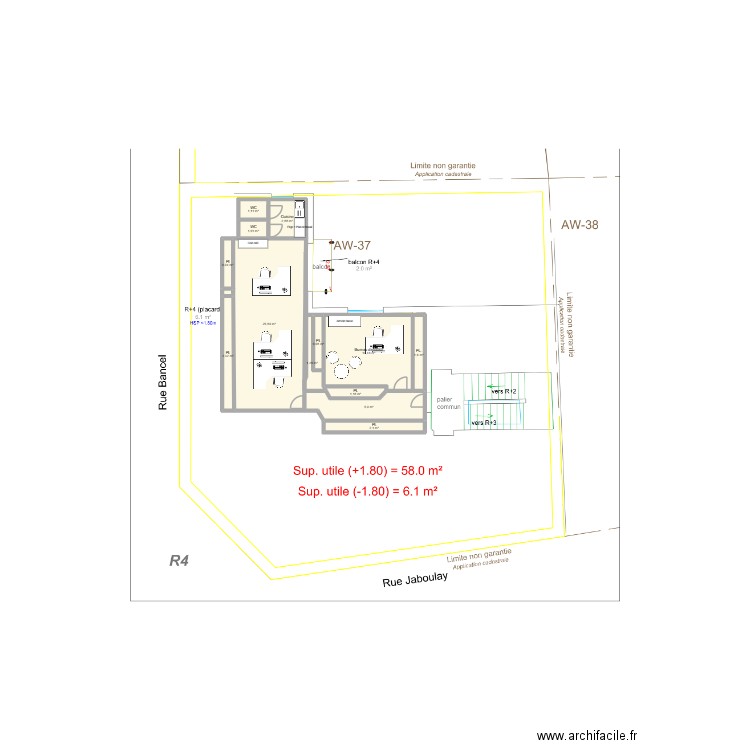 R+4 RG / Sans travaux. Plan de 14 pièces et 61 m2