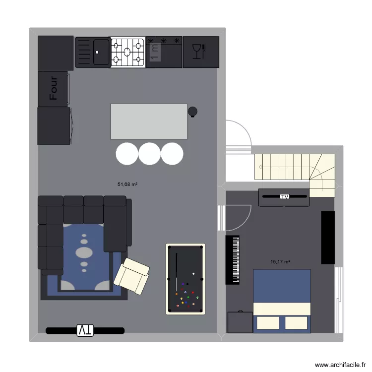 sous sol. Plan de 2 pièces et 67 m²