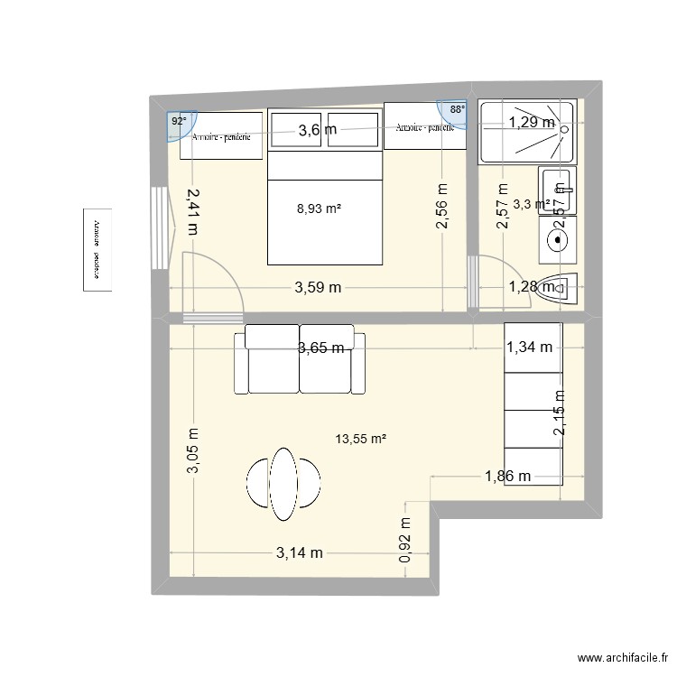 Traversière. Plan de 3 pièces et 26 m2