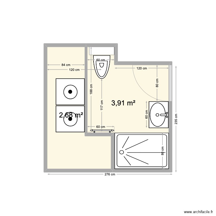 sdb pineau. Plan de 2 pièces et 7 m2