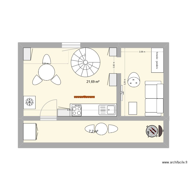 appart labastide étage aménagement. Plan de 2 pièces et 29 m2