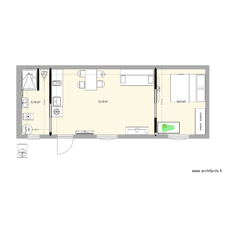 Dépendance. Plan de 3 pièces et 38 m2